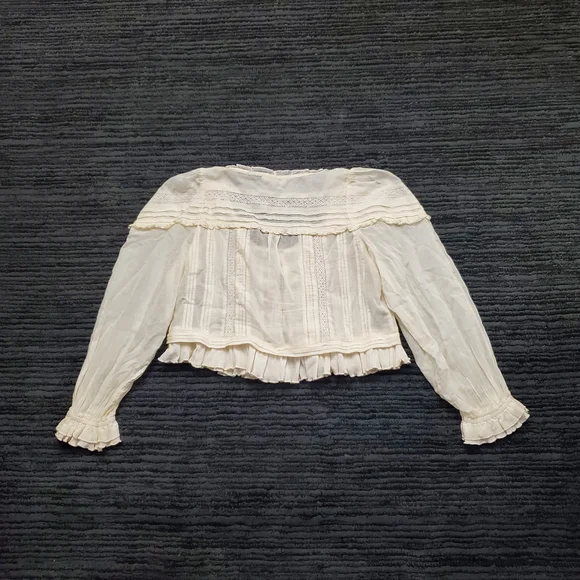 Free People Size S Cream Florence Bed Jacket Sheer Tie Front Ruffle Lace Top - Picture 2 of 7